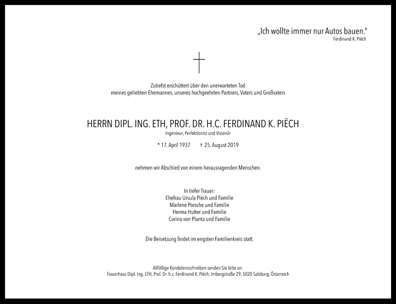  Traueranzeige für Ferdinand Piech vom 31.08.2019 aus Aller Zeitung