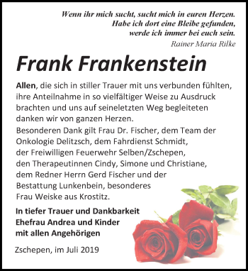 Traueranzeige von Frank Frankenstein von Leipziger Volkszeitung