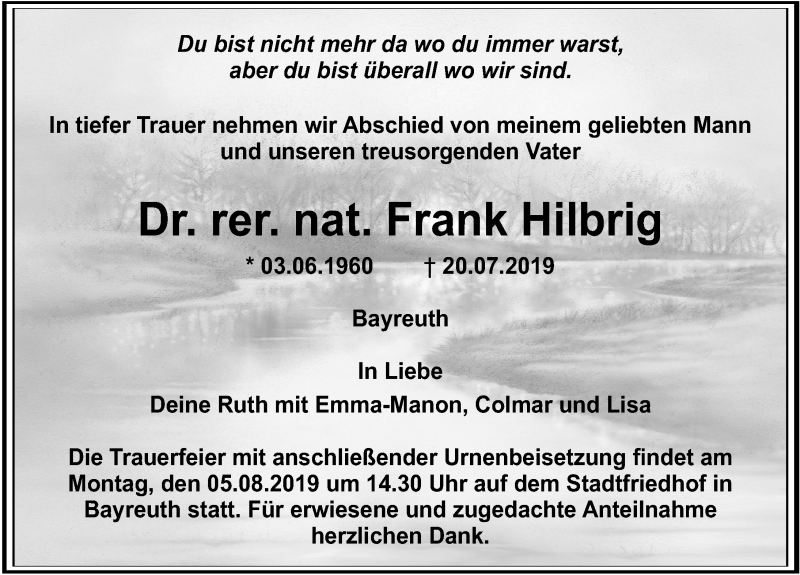  Traueranzeige für Frank Hilbrig vom 01.08.2019 aus Hannoversche Allgemeine Zeitung/Neue Presse