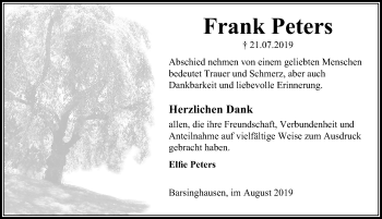 Traueranzeige von Frank Peters von Hannoversche Allgemeine Zeitung/Neue Presse