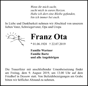Traueranzeige von Franz Ota von Märkischen Allgemeine Zeitung