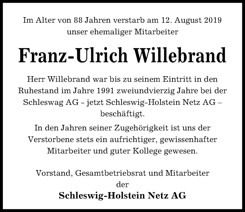  Traueranzeige für Franz-Ulrich Willebrand vom 17.08.2019 aus Kieler Nachrichten