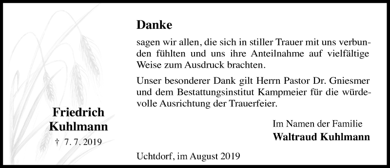  Traueranzeige für Friedrich Kuhlmann vom 10.08.2019 aus Schaumburger Nachrichten