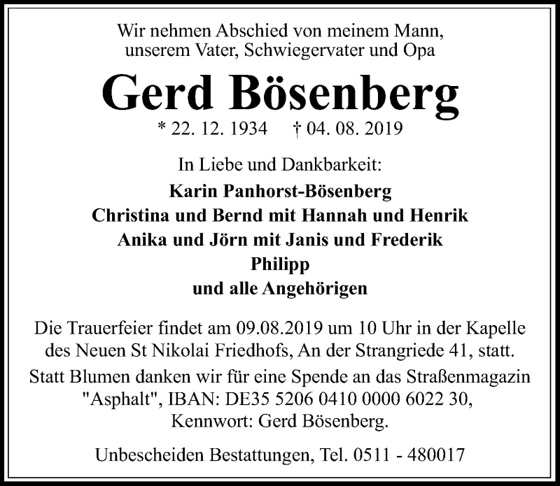 Traueranzeigen Von Gerd Bosenberg Trauer Anzeigen De