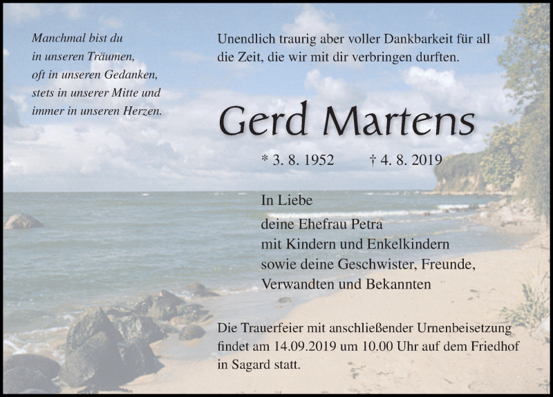  Traueranzeige für Gerd Martens vom 10.08.2019 aus Ostsee-Zeitung GmbH