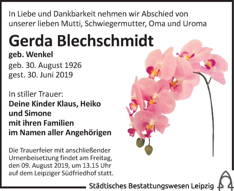  Traueranzeige für Gerda Blechschmidt vom 27.07.2019 aus Leipziger Volkszeitung