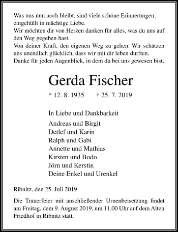 Traueranzeige von Gerda Fischer von Ostsee-Zeitung GmbH