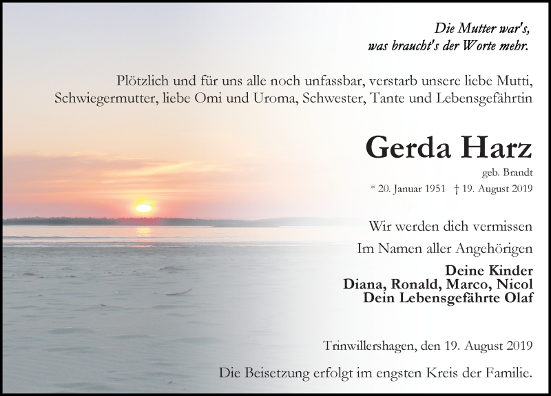  Traueranzeige für Gerda Harz vom 24.08.2019 aus Ostsee-Zeitung GmbH