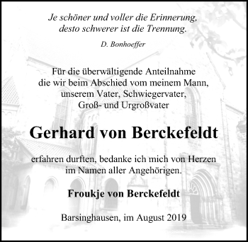 Traueranzeige von Gerhard von Berckefeldt von Hannoversche Allgemeine Zeitung/Neue Presse