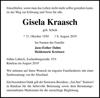 Traueranzeige von Gisela Kraasch von Lübecker Nachrichten