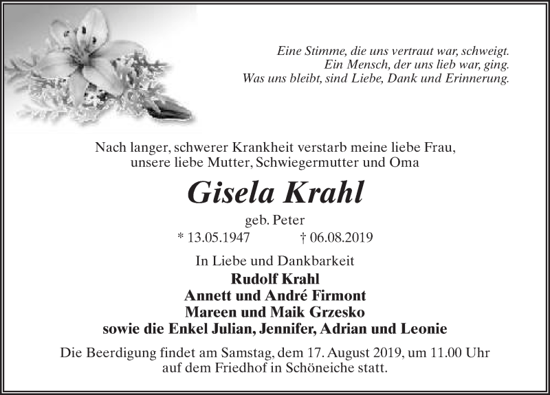  Traueranzeige für Gisela Krahl vom 10.08.2019 aus Märkischen Allgemeine Zeitung