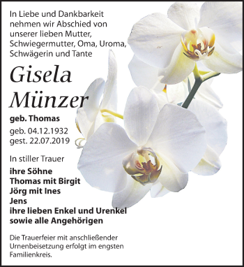 Traueranzeige von Gisela Münzer von Leipziger Volkszeitung