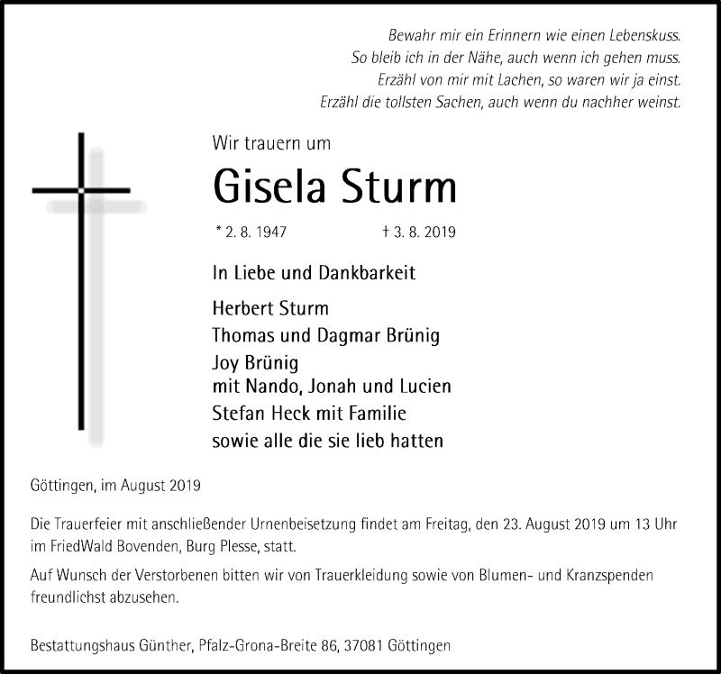  Traueranzeige für Gisela Sturm vom 17.08.2019 aus Göttinger Tageblatt