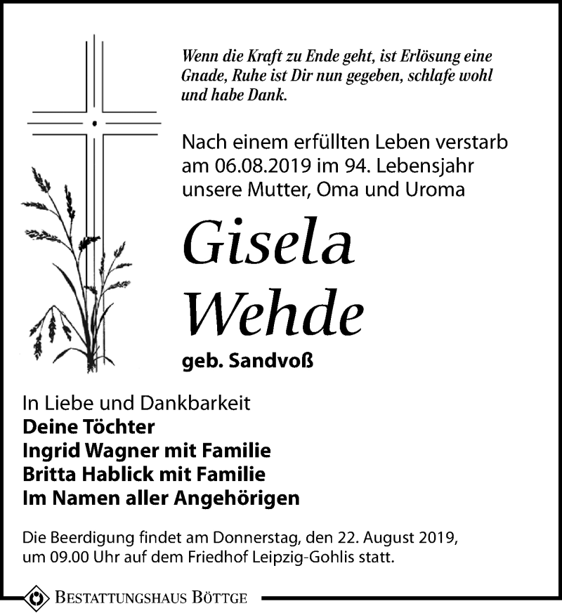  Traueranzeige für Gisela Wehde vom 17.08.2019 aus Leipziger Volkszeitung