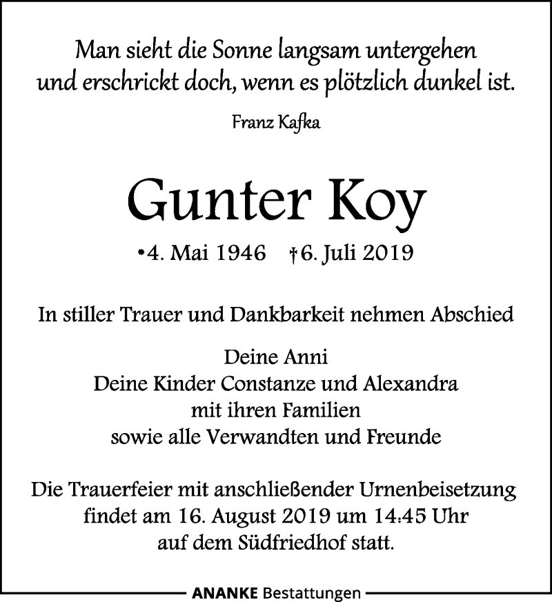  Traueranzeige für Gunter Koy vom 27.07.2019 aus Leipziger Volkszeitung