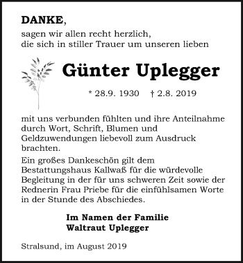 Traueranzeige von Günter Uplegger von Ostsee-Zeitung GmbH