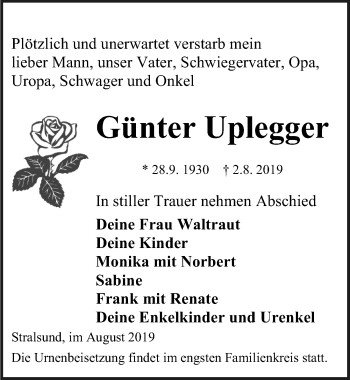 Traueranzeige von Günter Uplegger von Ostsee-Zeitung GmbH