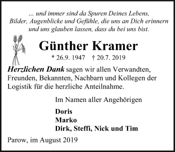 Traueranzeige von Günther Kramer von Ostsee-Zeitung GmbH