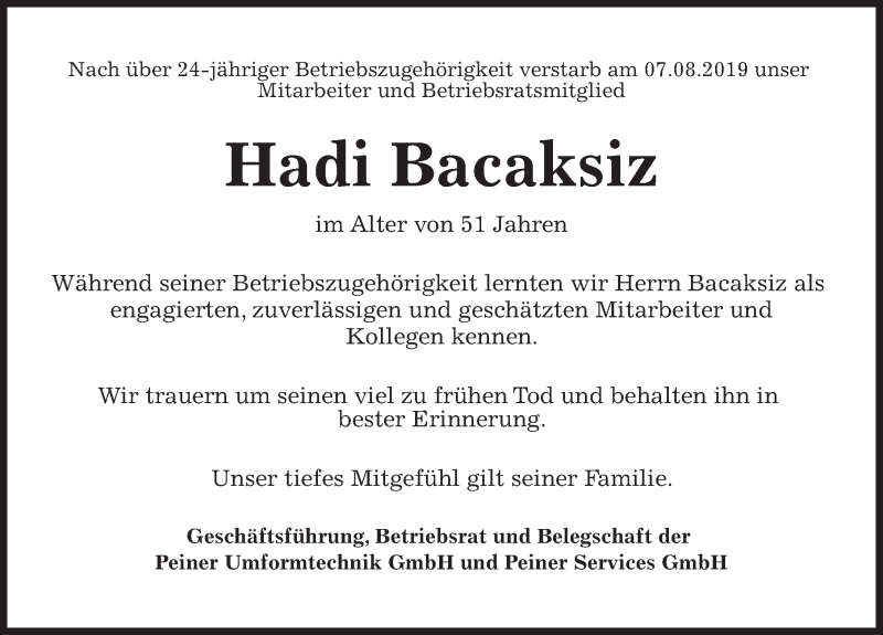  Traueranzeige für Hadi Bacaksiz vom 13.08.2019 aus Peiner Allgemeine Zeitung