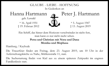 Traueranzeige von Hanna Hartmann von Kieler Nachrichten