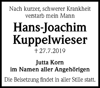 Traueranzeige von Hans-Joachim Kuppelwieser von Hannoversche Allgemeine Zeitung/Neue Presse