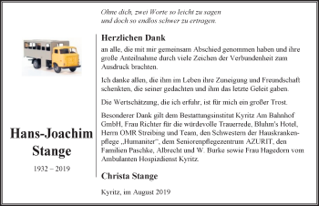 Traueranzeige von Hans-Joachim Stange von Märkischen Allgemeine Zeitung