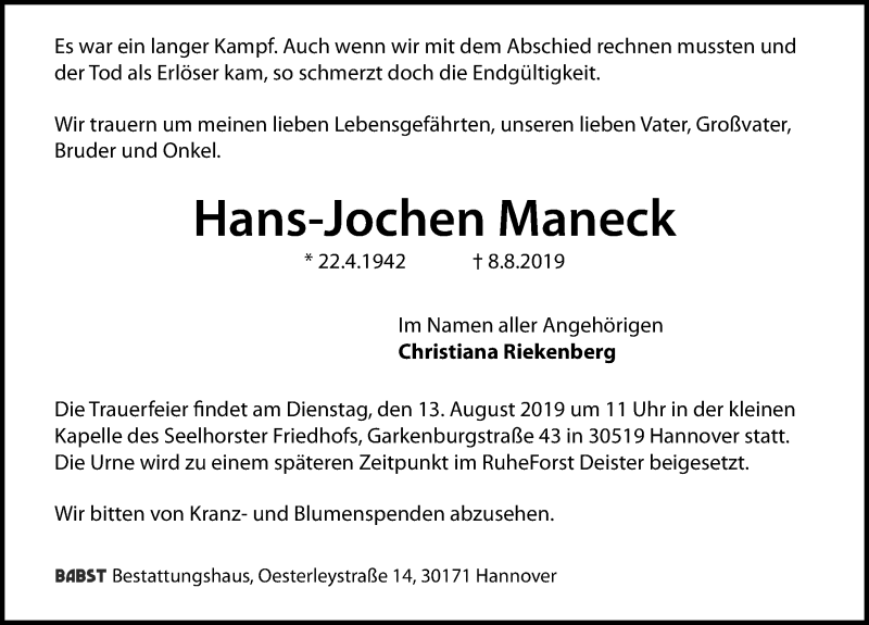  Traueranzeige für Hans-Jochen Maneck vom 10.08.2019 aus Hannoversche Allgemeine Zeitung/Neue Presse