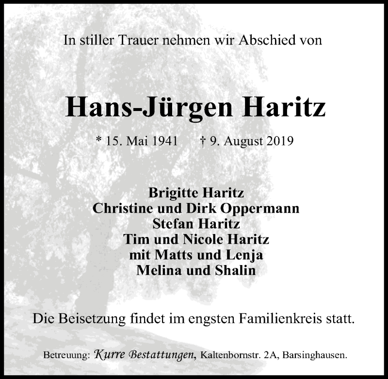  Traueranzeige für Hans-Jürgen Haritz vom 17.08.2019 aus Hannoversche Allgemeine Zeitung/Neue Presse