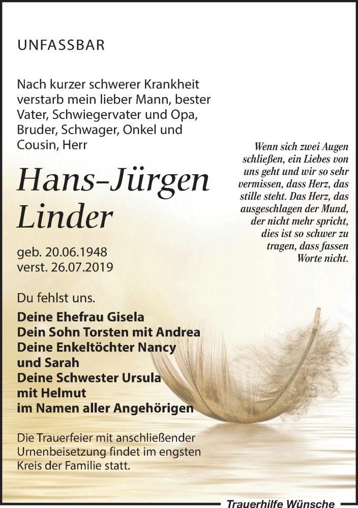  Traueranzeige für Hans-Jürgen Linder vom 10.08.2019 aus Leipziger Volkszeitung