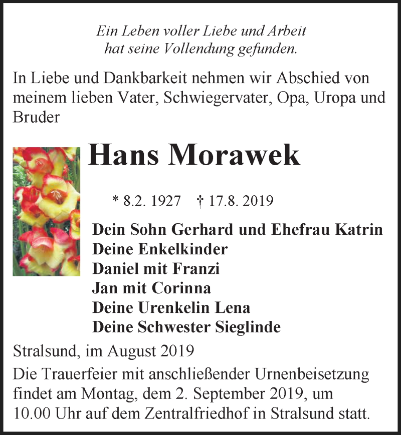 Traueranzeige für Hans Morawek vom 24.08.2019 aus Ostsee-Zeitung GmbH