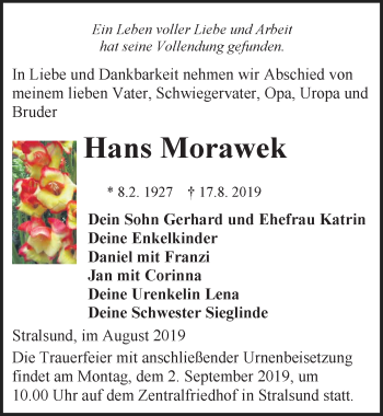 Traueranzeige von Hans Morawek von Ostsee-Zeitung GmbH