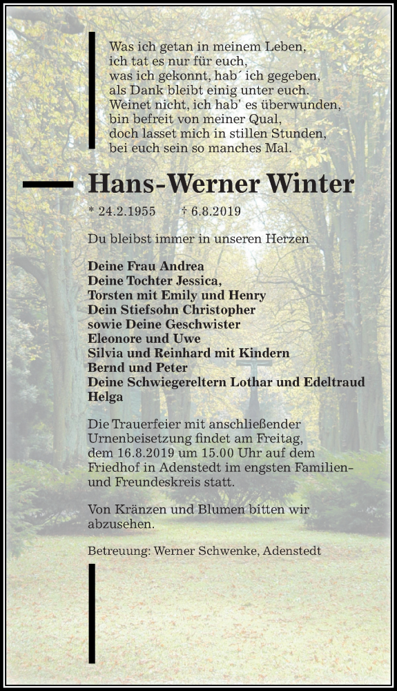  Traueranzeige für Hans-Werner Winter vom 10.08.2019 aus Peiner Allgemeine Zeitung