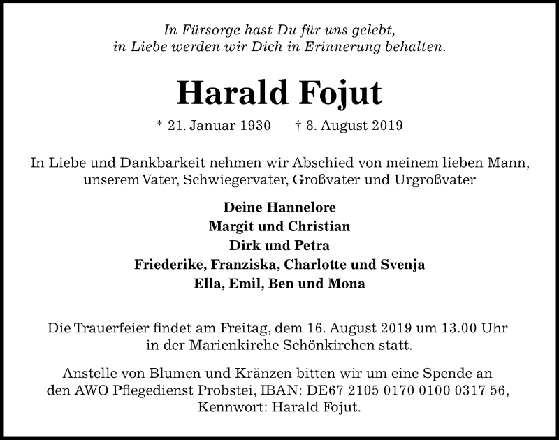  Traueranzeige für Harald Fojut vom 10.08.2019 aus Kieler Nachrichten