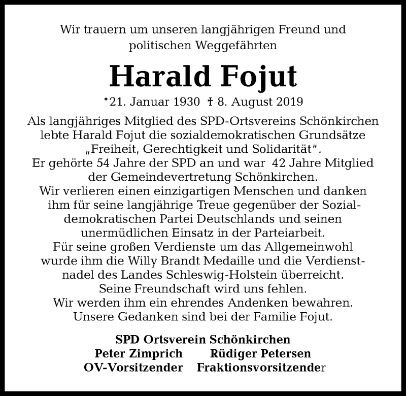  Traueranzeige für Harald Fojut vom 10.08.2019 aus Kieler Nachrichten