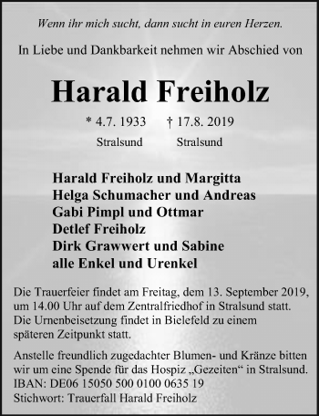 Traueranzeige von Harald Freiholz von Ostsee-Zeitung GmbH