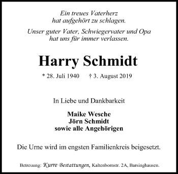 Traueranzeige von Harry Schmidt von Hannoversche Allgemeine Zeitung/Neue Presse