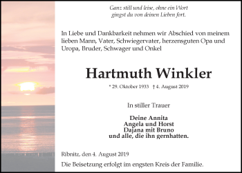 Traueranzeige von Hartmuth Winkler von Ostsee-Zeitung GmbH