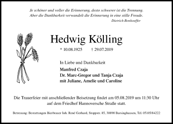 Traueranzeige von Hedwig Kölling von Hannoversche Allgemeine Zeitung/Neue Presse