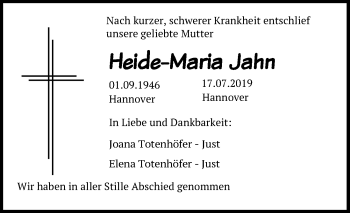 Traueranzeige von Heide-Maria Jahn von Hannoversche Allgemeine Zeitung/Neue Presse