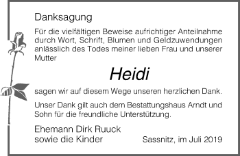 Traueranzeige von Heidi  von Ostsee-Zeitung GmbH