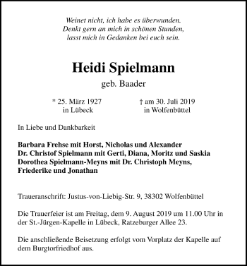 Traueranzeige von Heidi Spielmann von Lübecker Nachrichten