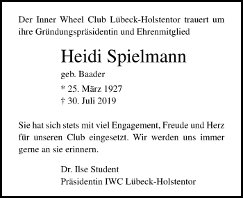 Traueranzeige von Heidi Spielmann von Lübecker Nachrichten