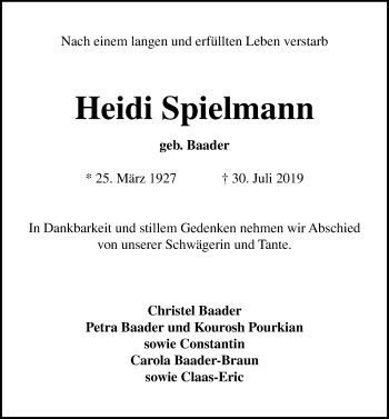 Traueranzeige von Heidi Spielmann von Lübecker Nachrichten