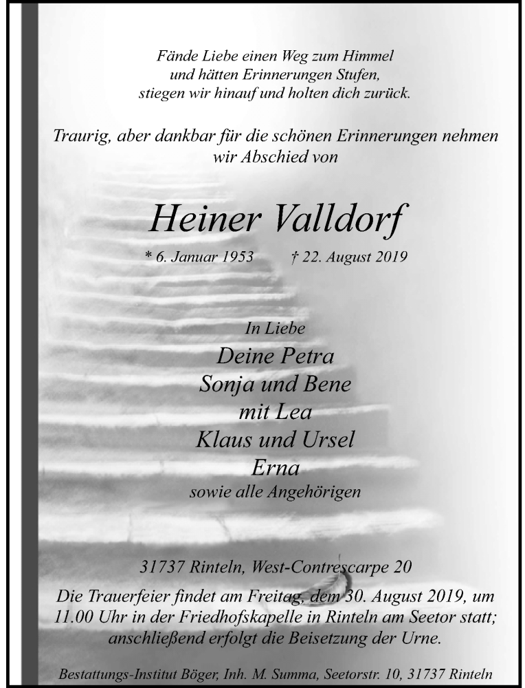  Traueranzeige für Heiner Valldorf vom 24.08.2019 aus Schaumburger Nachrichten