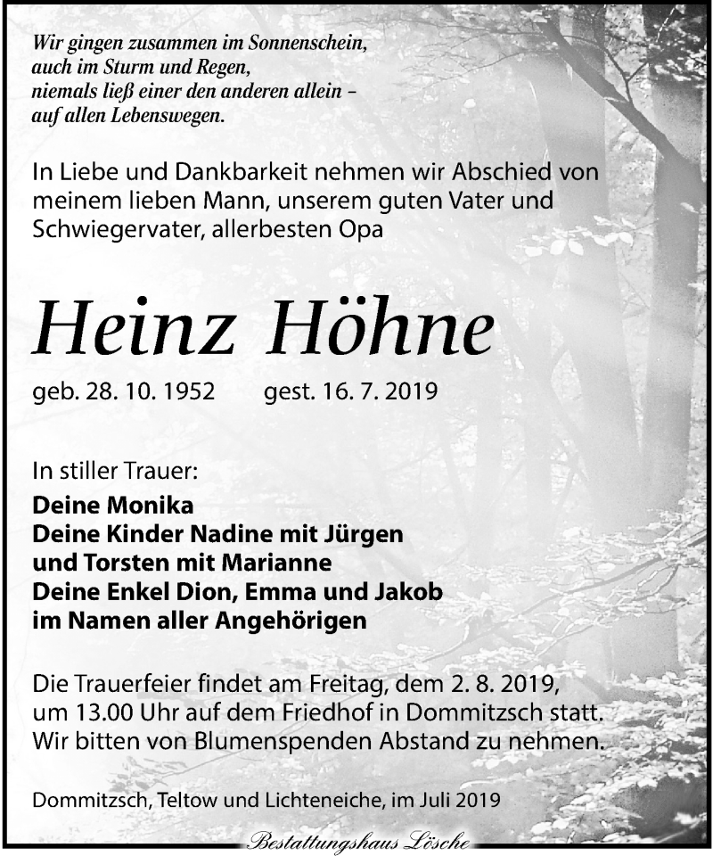  Traueranzeige für Heinz Höhne vom 26.07.2019 aus Torgauer Zeitung