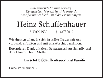 Traueranzeige von Heinz Schuffenhauer von Märkischen Allgemeine Zeitung