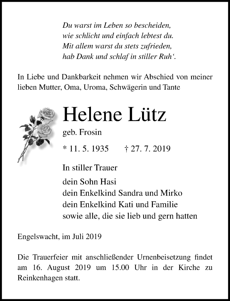  Traueranzeige für Helene Lütz vom 03.08.2019 aus Ostsee-Zeitung GmbH