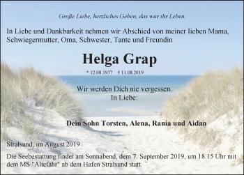 Traueranzeige von Helga Grap von Ostsee-Zeitung GmbH