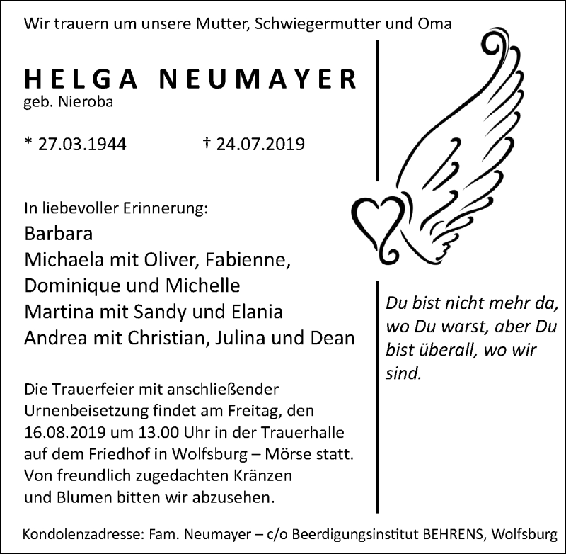  Traueranzeige für Helga Neumayer vom 10.08.2019 aus Aller Zeitung