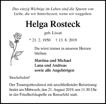 Traueranzeige von Helga Rosteck von Lübecker Nachrichten